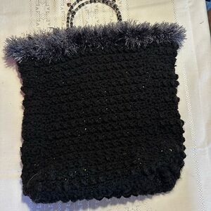 Black Hand-Crocheted Tote with Faux Fur Trim